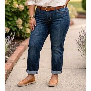 Faded Glory Straight Leg Jeans  Womens Sz 14P Dark Wash Denim Stretch Cuffed
